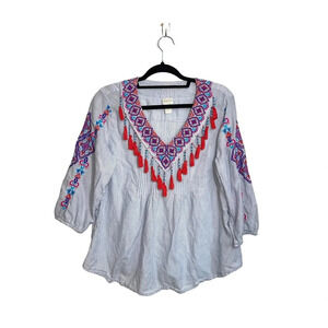 Chico’s Blue & White Striped Embroidered Tassel Popover Top 2 Large Women’s